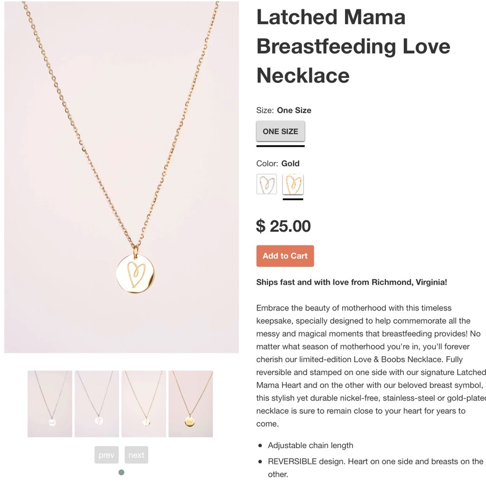Latched Mama Reversible Gold Heart/Boob Necklace